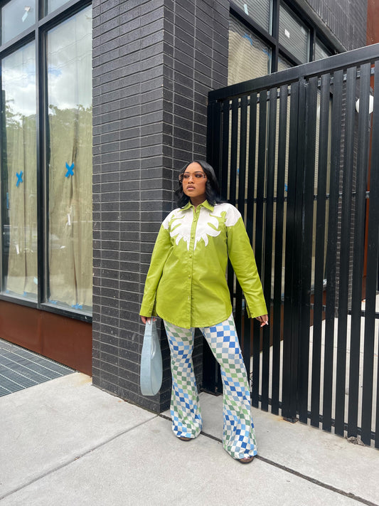 Color blocked green/blue checkered bell pants