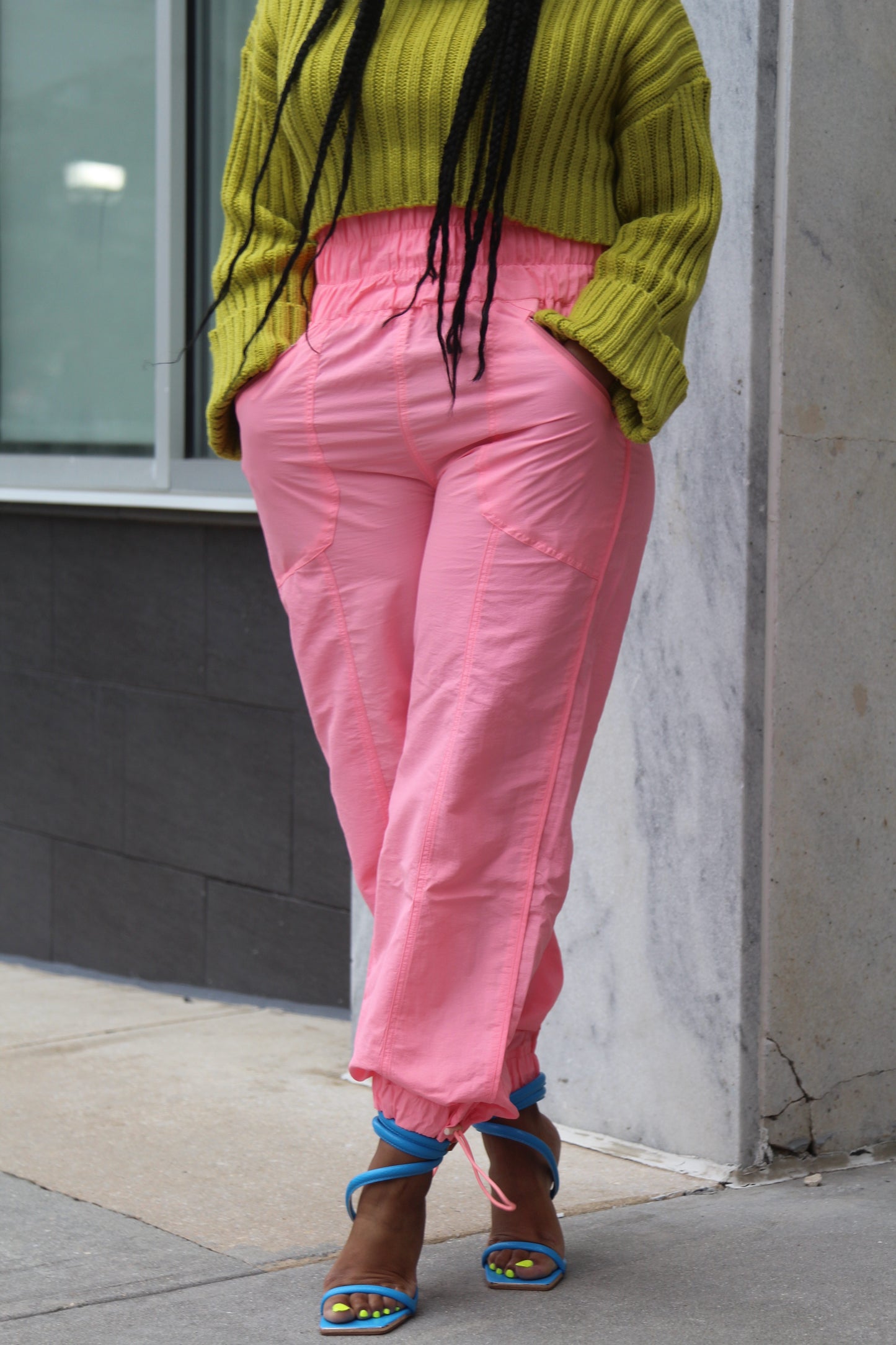High waisted pink windbreaker pants